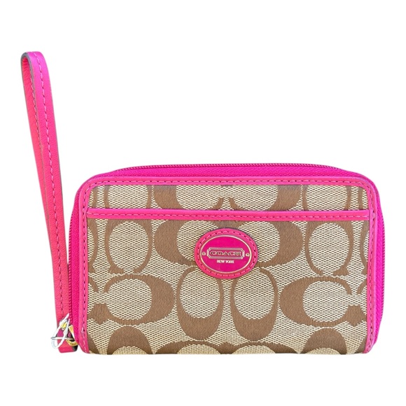 Coach Monogram Hot Pink Tan Brown Zip Around Small Wallet Wristlet - Picture 1 of 12